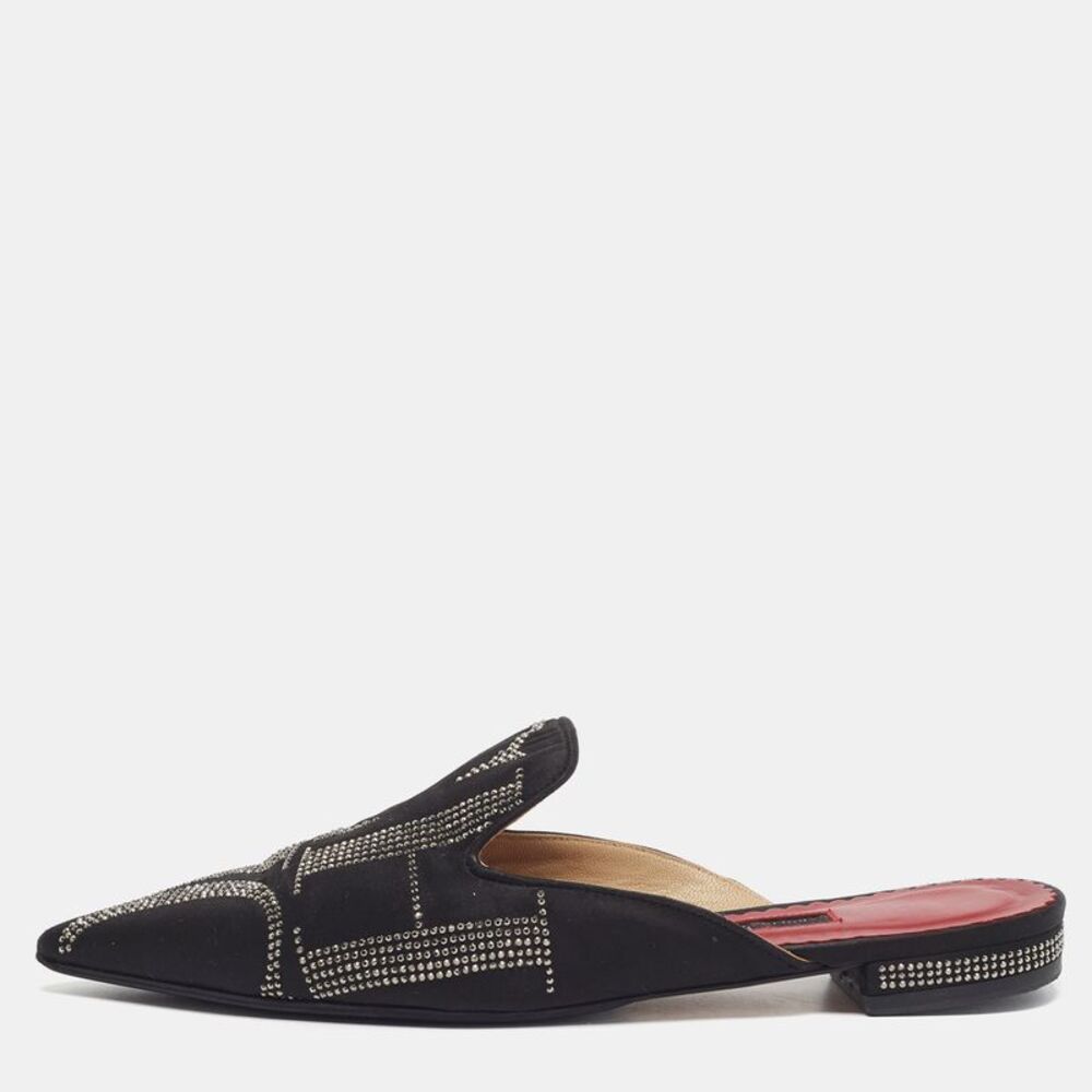 Ch Carolina Herrera Size 39 Black Satin Crystal Embellished Mules